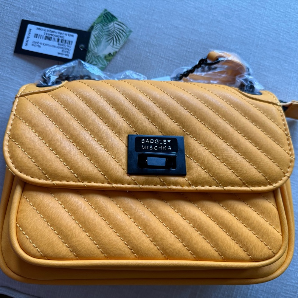 Badgley Mischka Yellow Quilted Crossbody Bag with Flap Closure